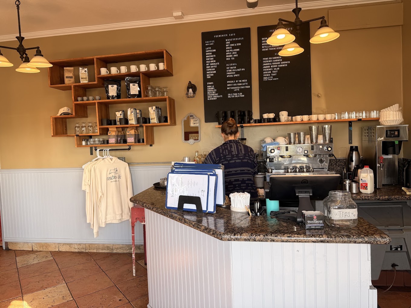 Behind the counter at Frenchies Cafe